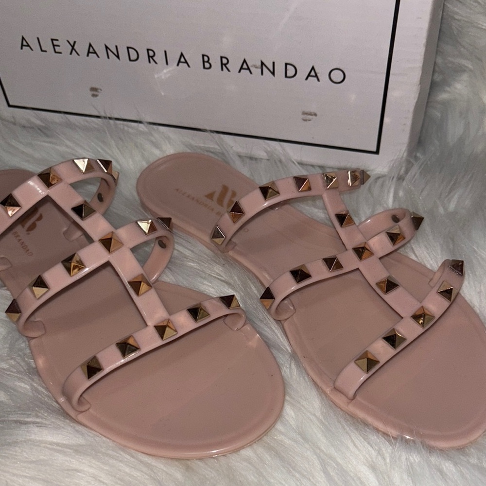 Cream and Pink Studded Sandals with Cross Straps
